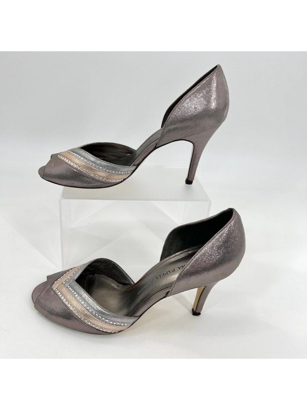 ADRIANNA PAPELL BOUTIQUE METALLIC SILVER GOLD LEATHER RHINESTONE D'ORSAY HEELS